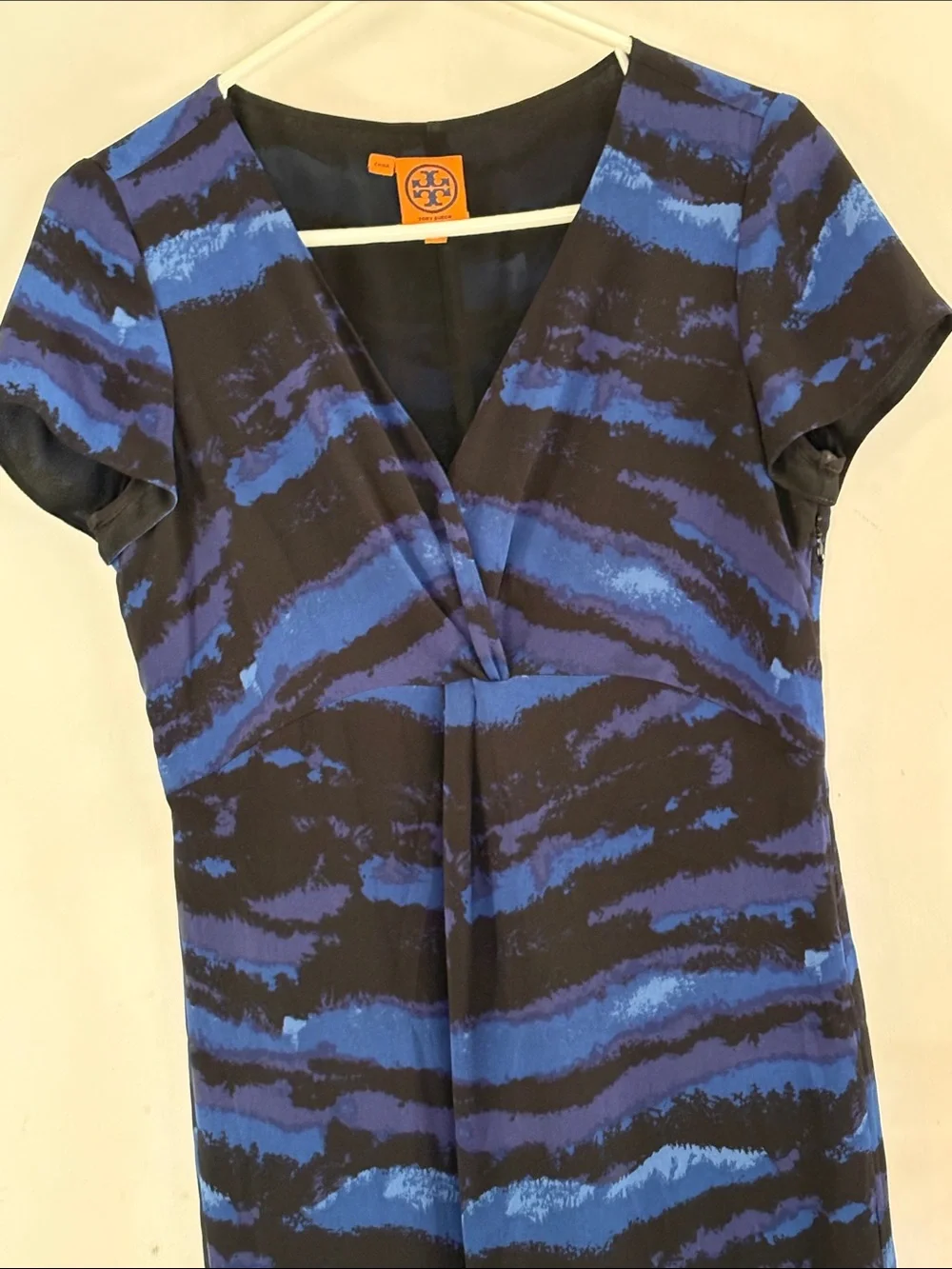 Tory Burch Kaoy Landscape black blue purple silk short sleeve dress Size 8